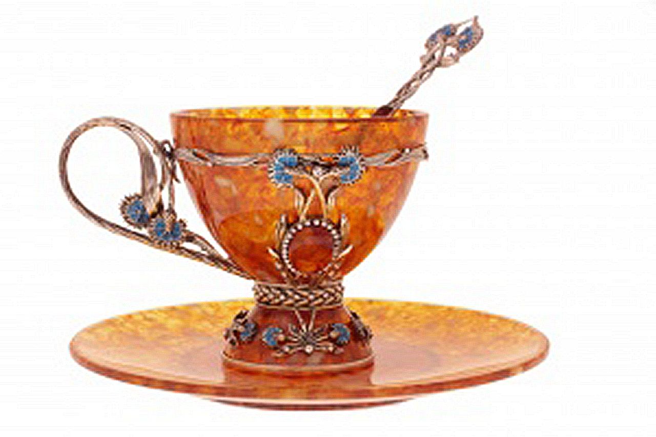 Чайная чашка "Васильки" из янтаря с ложечкой