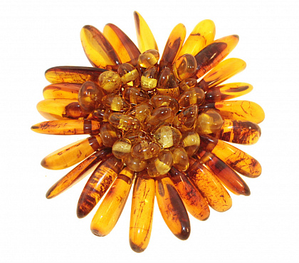 Красивая брошь в виде цветка из натурального янтаря и бисера 60804