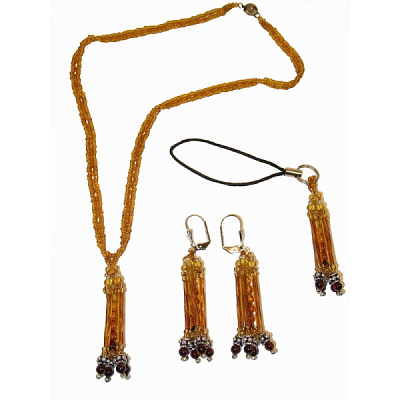 Комплект из натурального янтаря и бисера: кулон, серьги, подвеска для мобильного телефона 30803p;30803e;30803sb