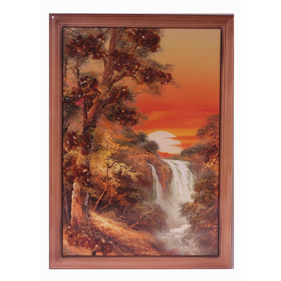 Картина "Закат у водопада" из янтаря KR-22