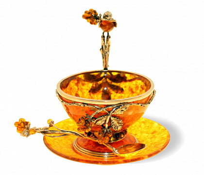 Чайная чашка "Малиновка" из янтаря с ложечкой 3502/L