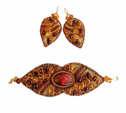 Необычный комплект из балтийского янтаря, бисера и натуральной кожи: браслет, серьги 20938,40856