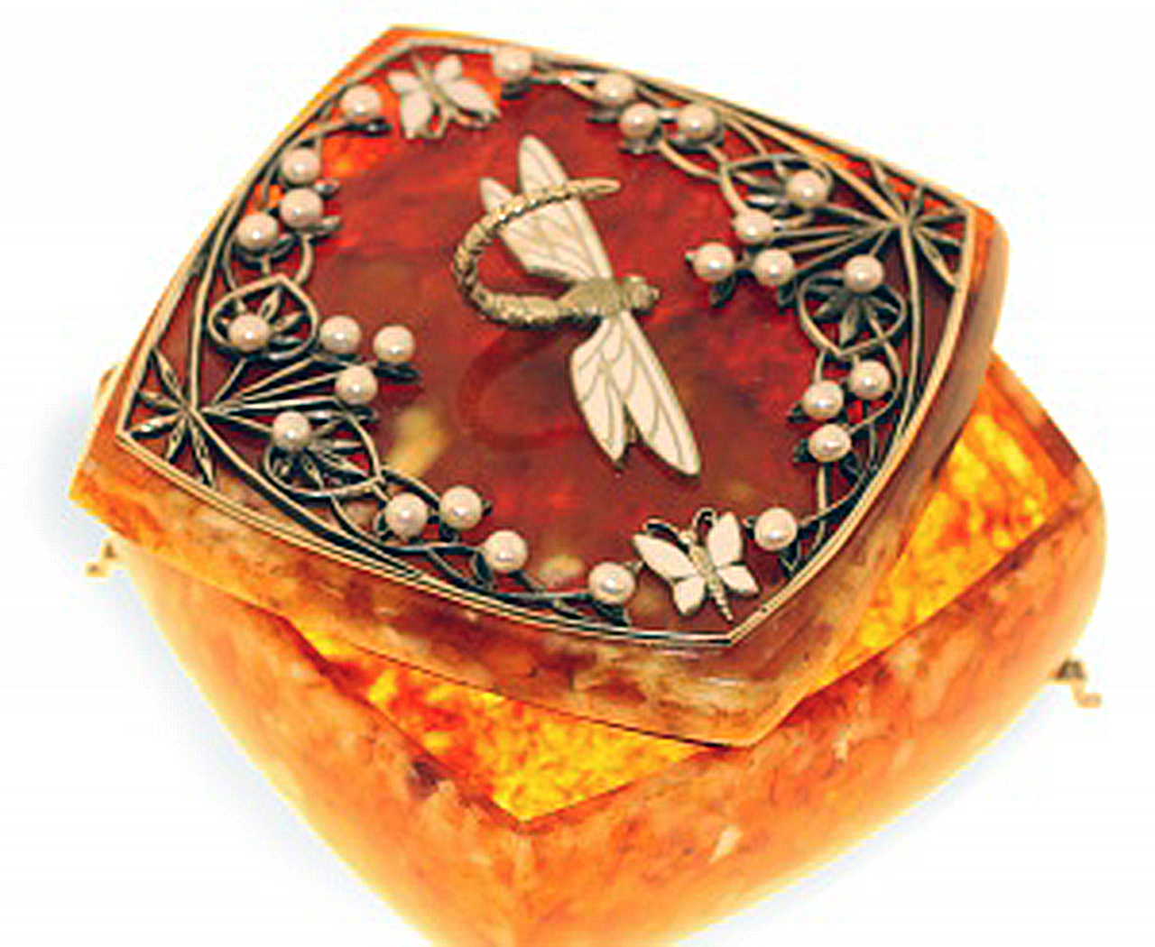 Шкатулка "Стрекоза" с жемчугом из янтаря
