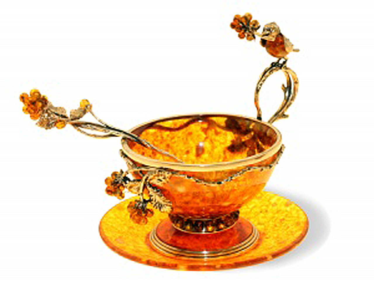 Чайная чашка "Малиновка" из янтаря с ложечкой