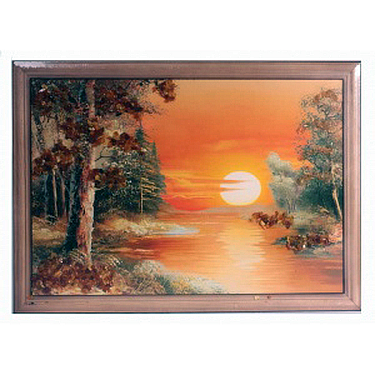Картина "Закат у реки" из янтаря