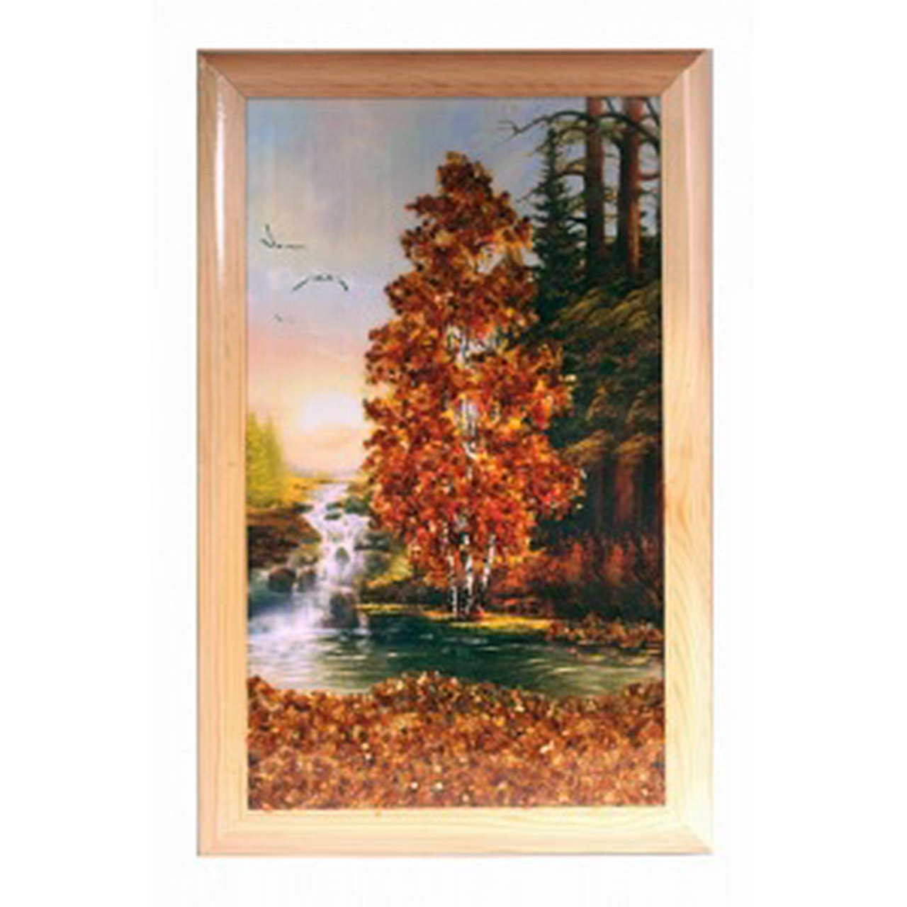 Картина "Рассвет над ручьем" из янтаря