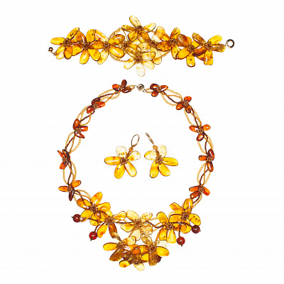 Изящный браслет с цветами из балтийского янтаря и бисера 20944-2